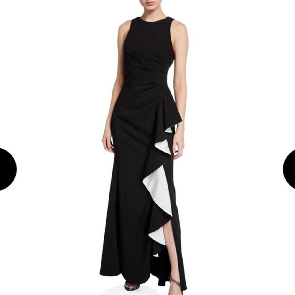 Carmen Marc Valvo Infusion Womens 14 Sleeveless Gown Colorblock Cascade Ruffle